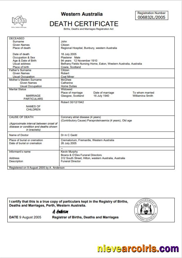 Australia Western Australia death certificate